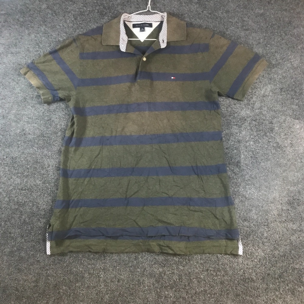 Tommy Hilfiger Polo Shirt Mens Medium Green Blue Striped Golf Sports Performance